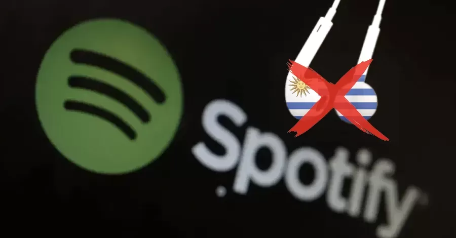 Fondo del logo Spotify y auriculares pintados con bandera de Uruguay tachados al frente