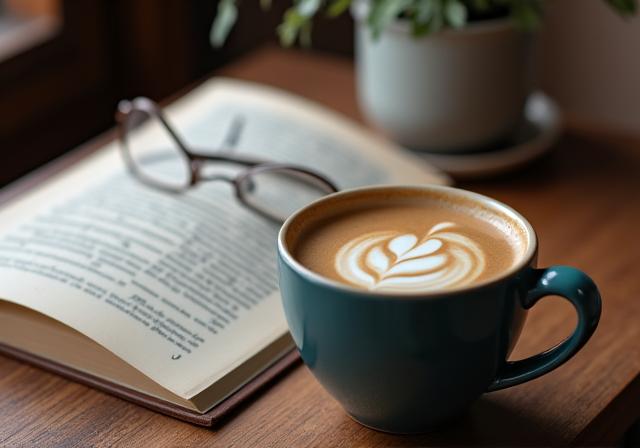 Taza de café en una mesa junto a un libro