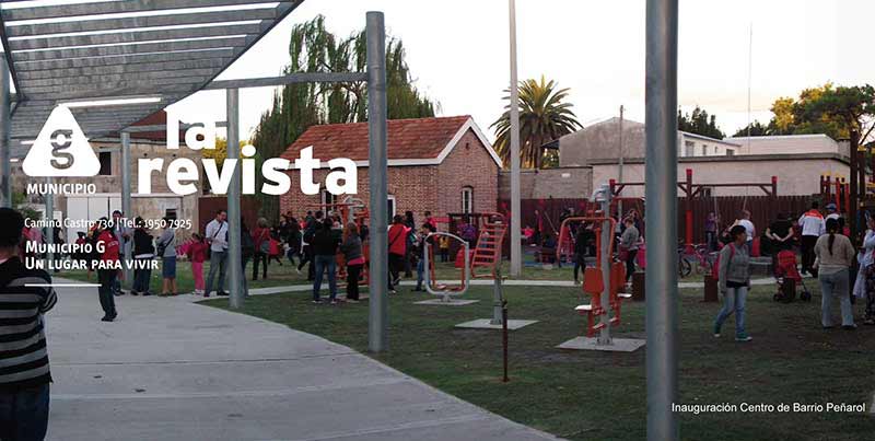 Tapa de la Revista Numero 20 del Municipio G - de fondo se aprecia una foto del nuevo Centro de Barrio Peñarol donde se ven juegos saludables y espacios verdes de esparcimiento