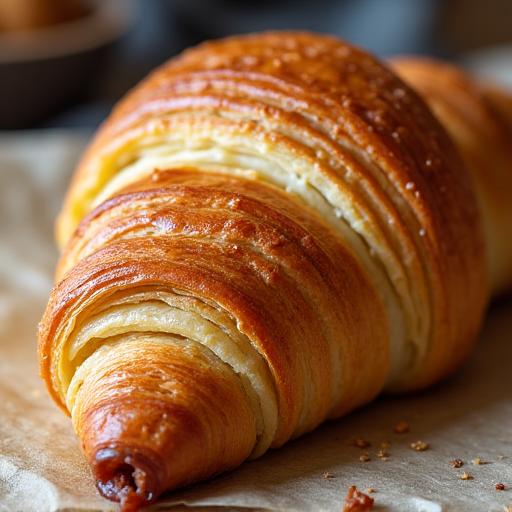 Primer plano de un croissant artesanal y hojaldrado