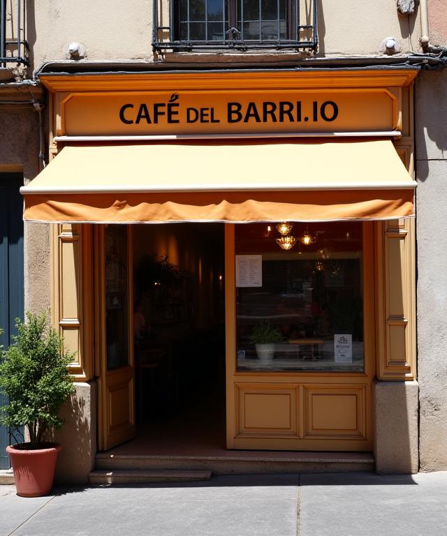 Fachada de Café del Barrio con el toldo extendido