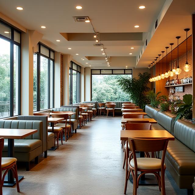 Vista general del interior de la cafetería con zonas de asientos