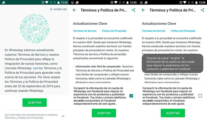 whatsapp aceptar terminos condiciones facebook