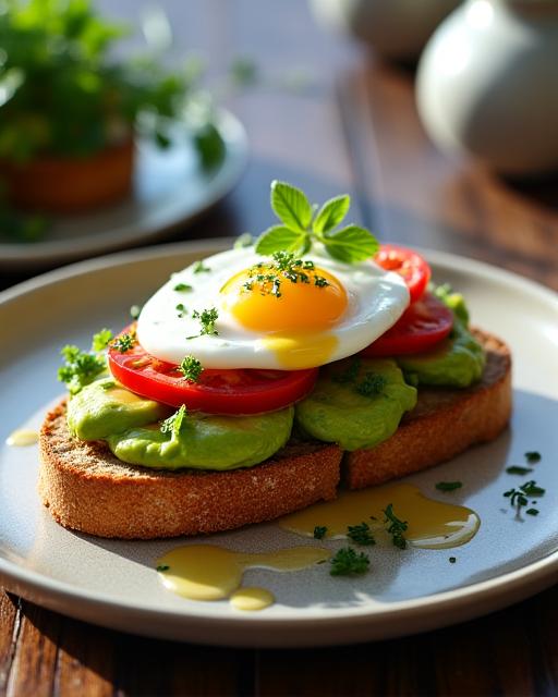 Tostada de aguacate y tomate con huevo pochado